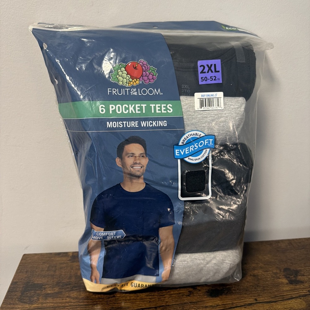 6-Pack Fruit Of The Loom Pocket T-Shirts Sz 2XL 50-52, Black & Gray Colors, NEW! - Picture 1 of 7